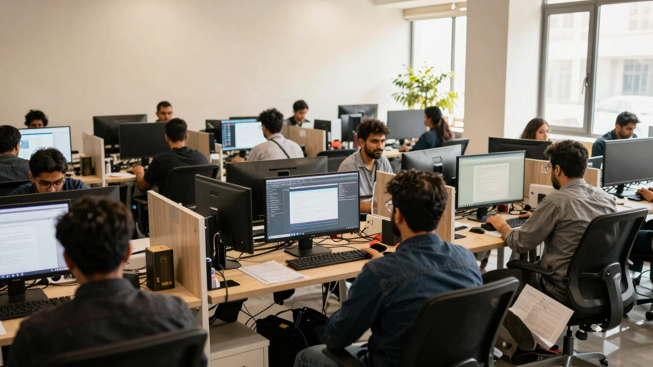 Modern tech hub in Lahore with developers working on AI, natural