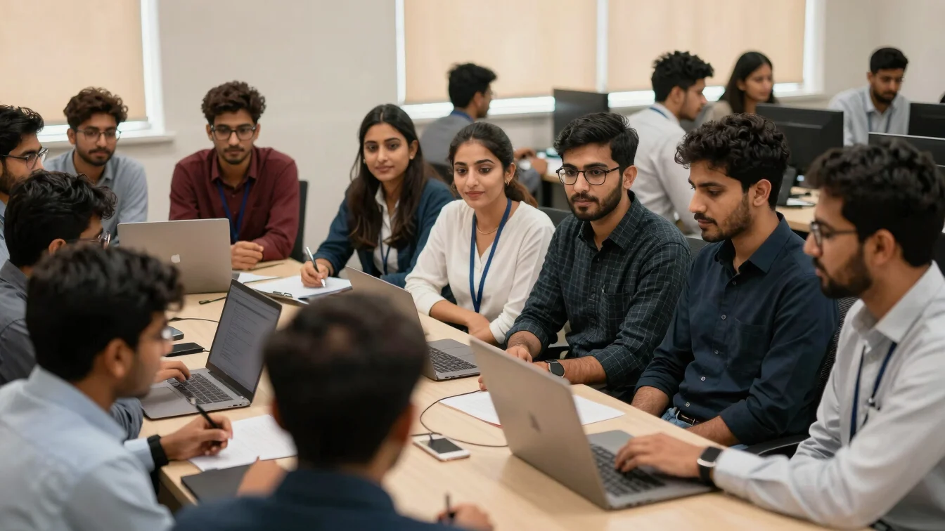 Young Pakistani researchers collaborating in a modern tech hub, n